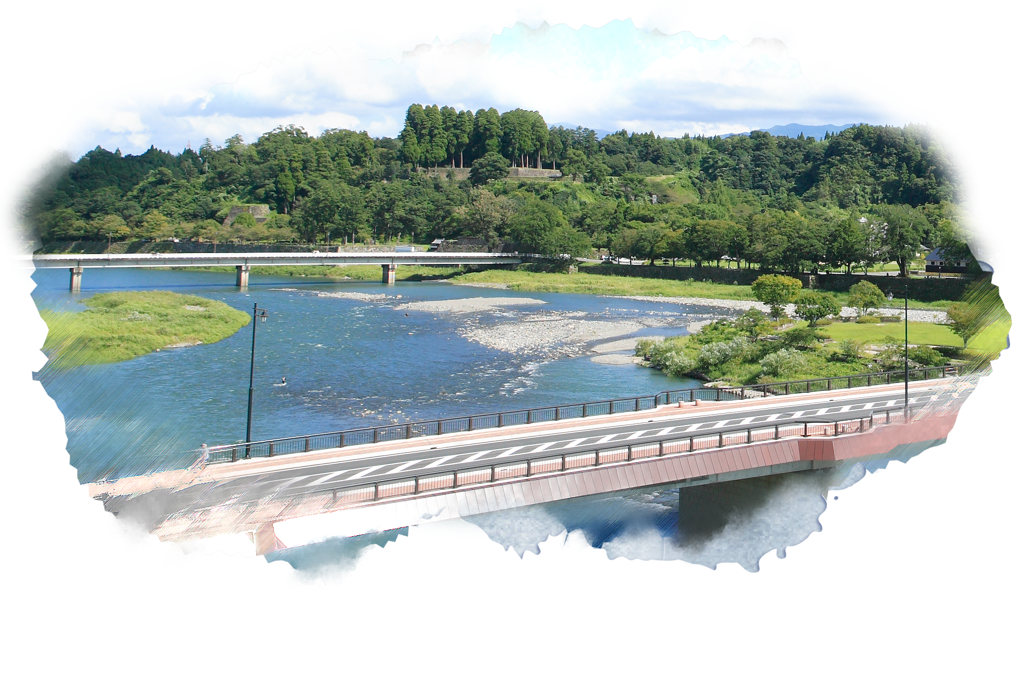 大橋から球磨川、水の手橋、人吉城跡を眺める写真